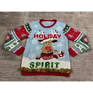 No Boundaries Sweater Womens XL Blue Holiday Reindeer Ugly Christmas Tinsel
